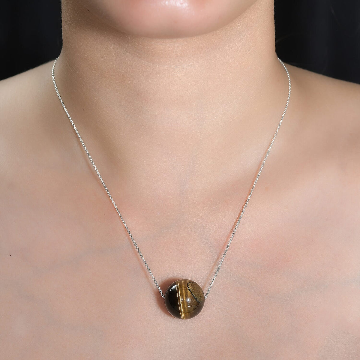 Tigers Eye Solitaire Necklace (Size - 18) in Rhodium Overlay Sterling Silver 45.0 Ct. 7955932 1