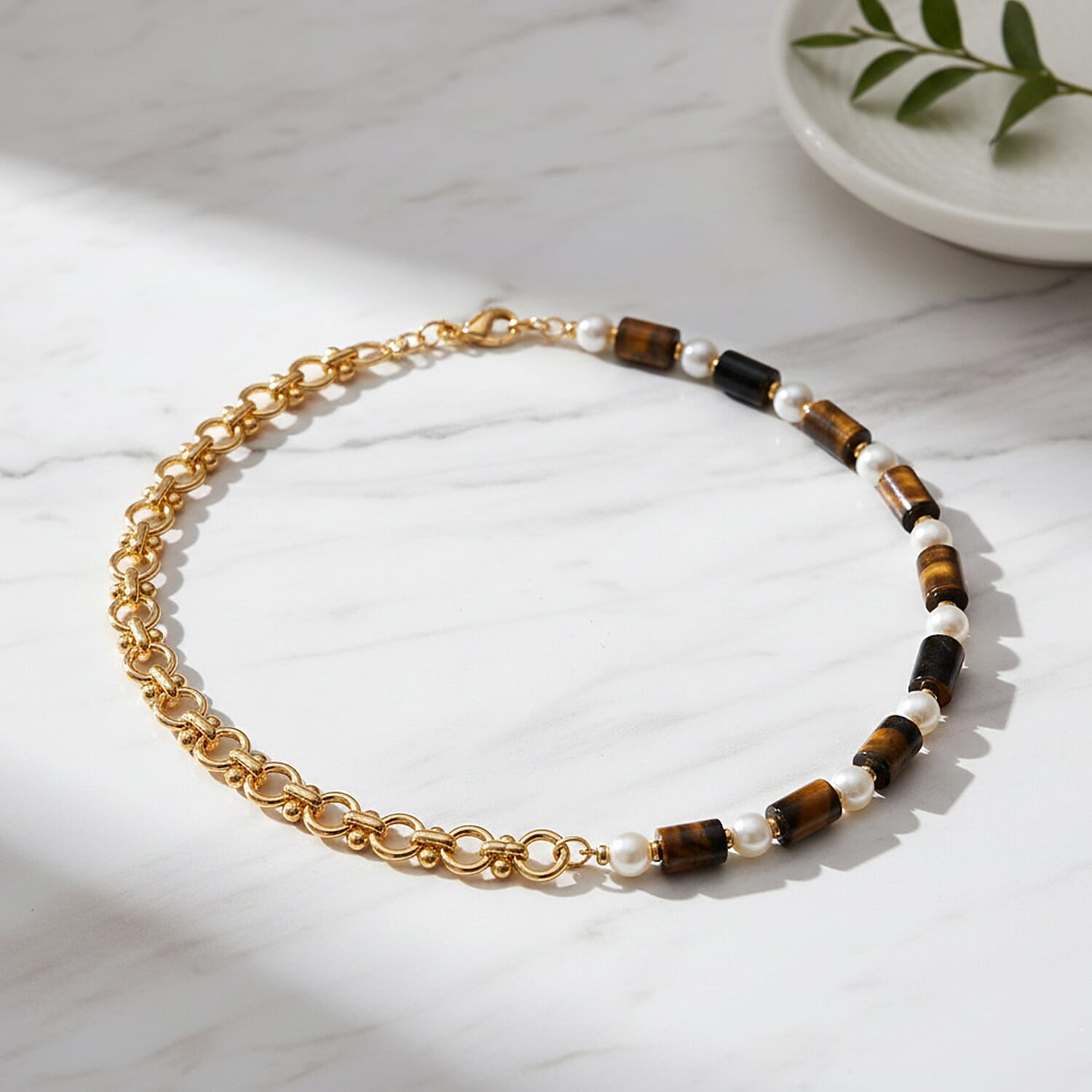 Tigers Eye &amp; White Shell Pearl Beads Necklace (Size - 20) 140.00 Ct. 8364624 2