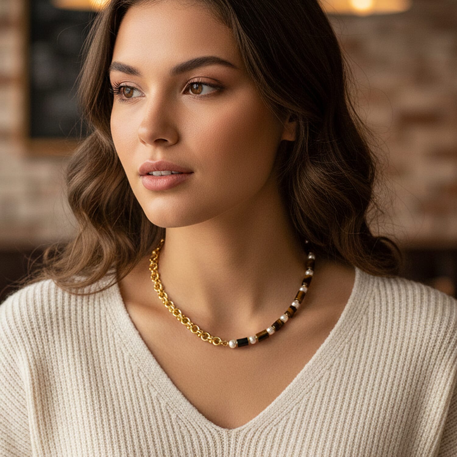 Tigers Eye &amp; White Shell Pearl Beads Necklace (Size - 20) 140.00 Ct. 8364624 3