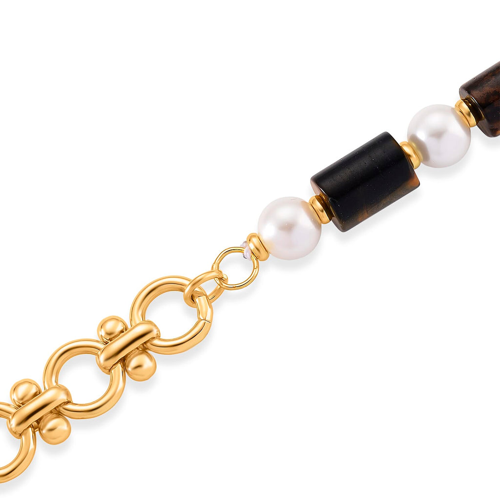 Tigers Eye & White Shell Pearl Beads Necklace (Size - 20) 140.00 Ct.