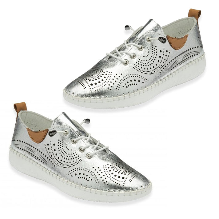 Lotus Tassia Ladies Leather Lace-Up Trainers with Perforated Detail (Size 3) - Silver 8134105 1