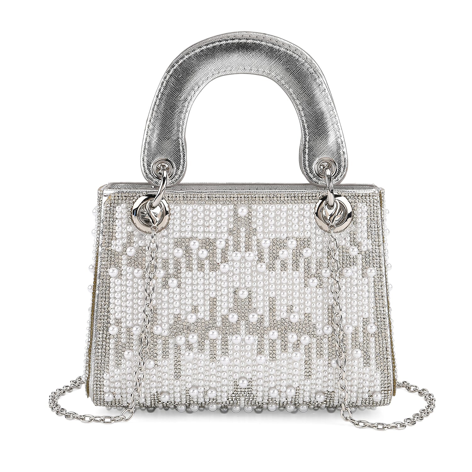Designer Inspired- Toggle Clip Crystal Clutch Bag with Handle Drop - Silver 8250748 0