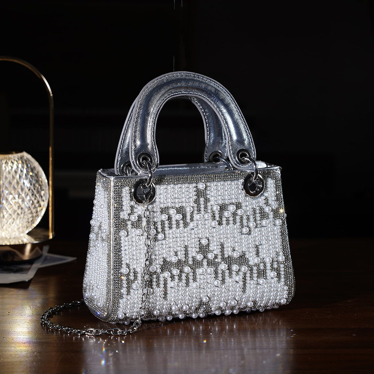 Designer Inspired- Toggle Clip Crystal Clutch Bag with Handle Drop - Silver 8250748 1