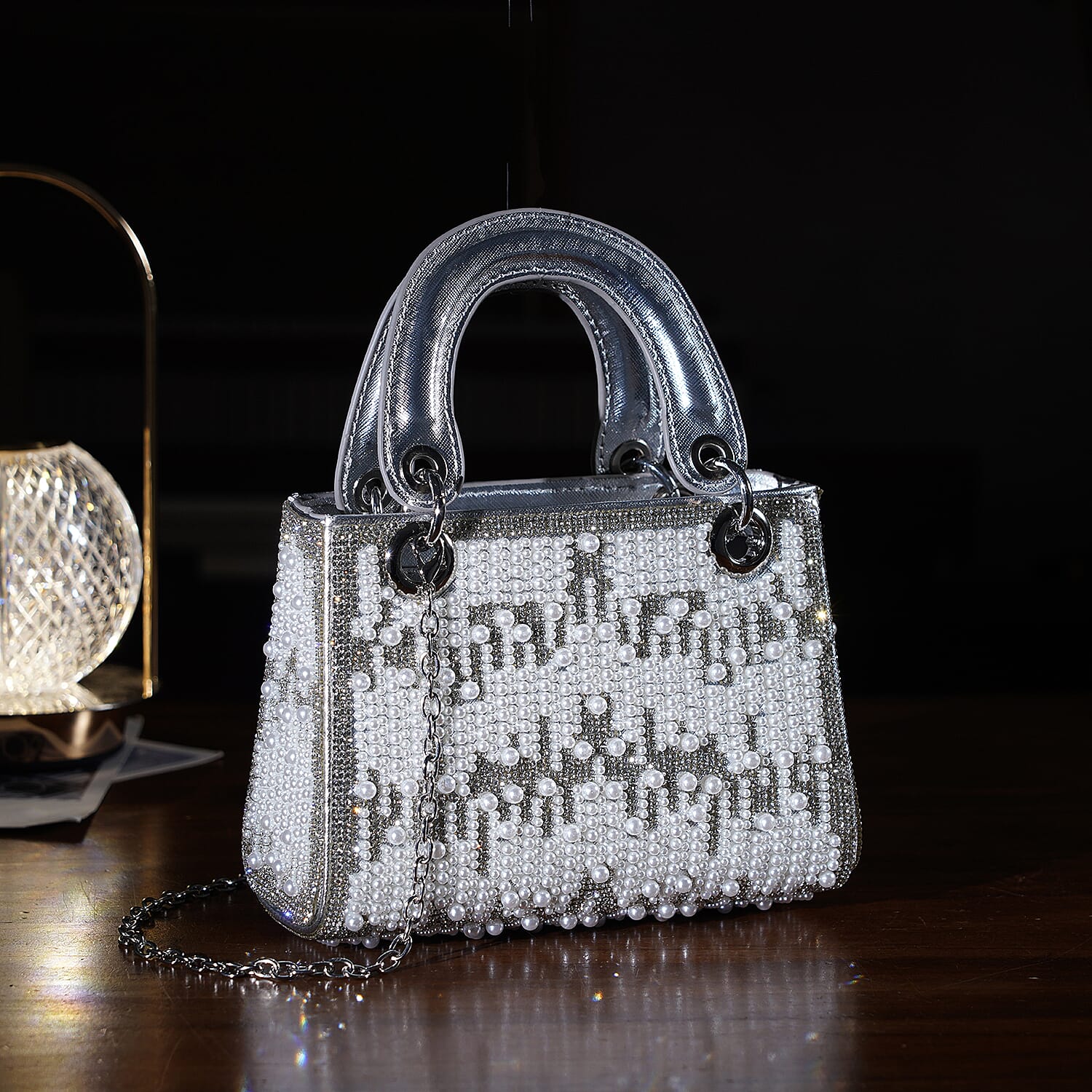 Designer Inspired- Toggle Clip Crystal Clutch Bag with Handle Drop - Silver 8250748 1