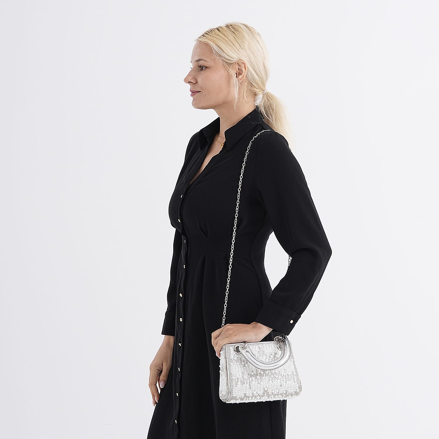 Designer Inspired- Toggle Clip Crystal Clutch Bag with Handle Drop - Silver 8250748 2