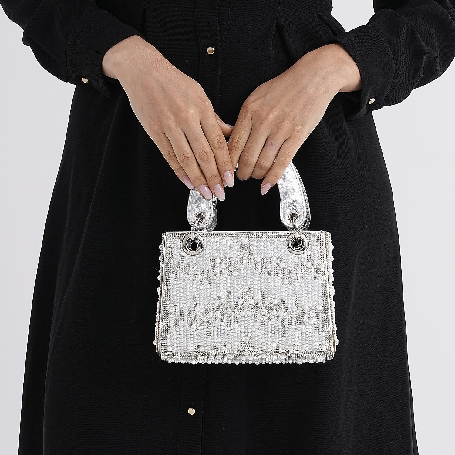 Designer Inspired- Toggle Clip Crystal Clutch Bag with Handle Drop - Silver 8250748 3