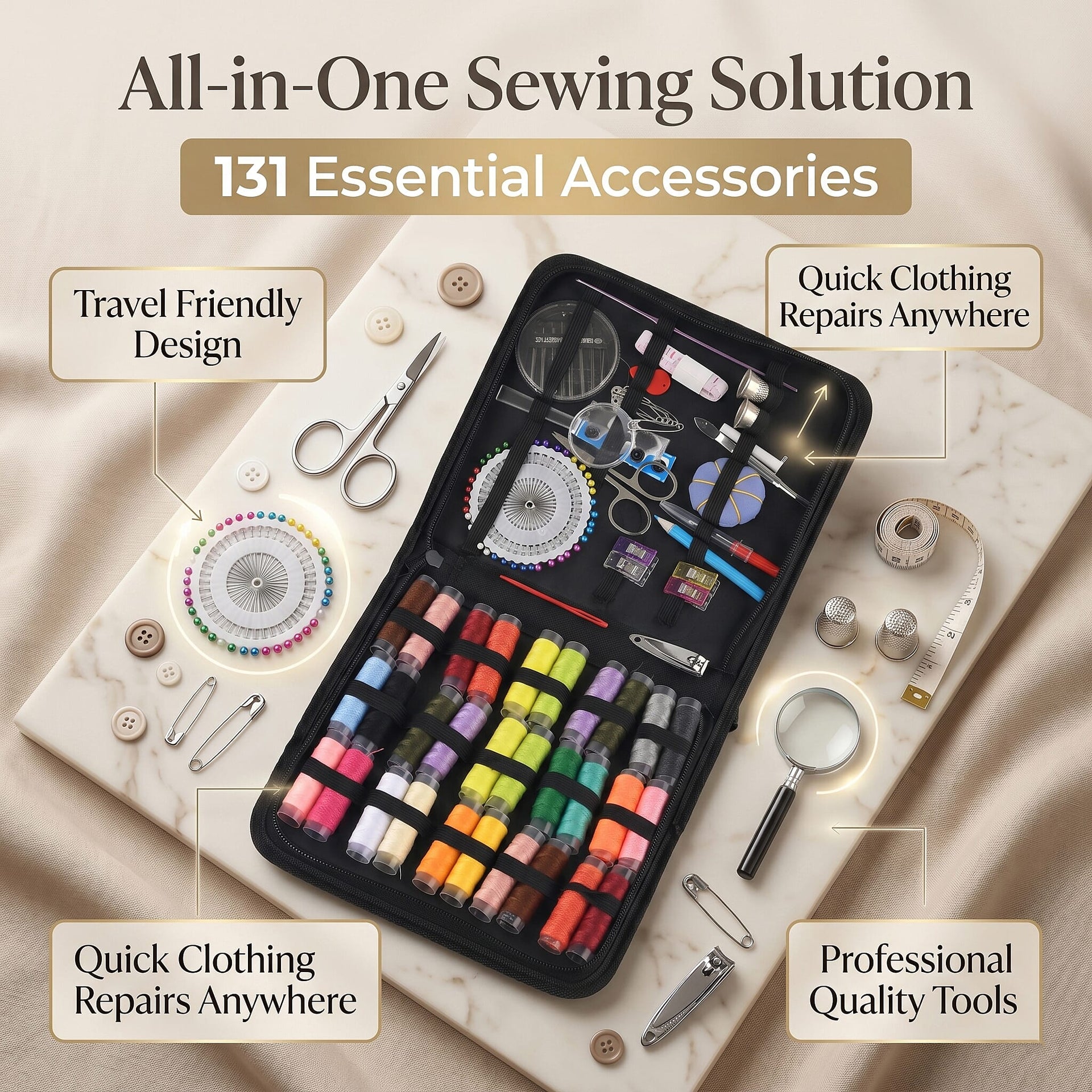 131 Pcs Complete Sewing kit with Case - Includes 30 Colour Threads V32489288 3
