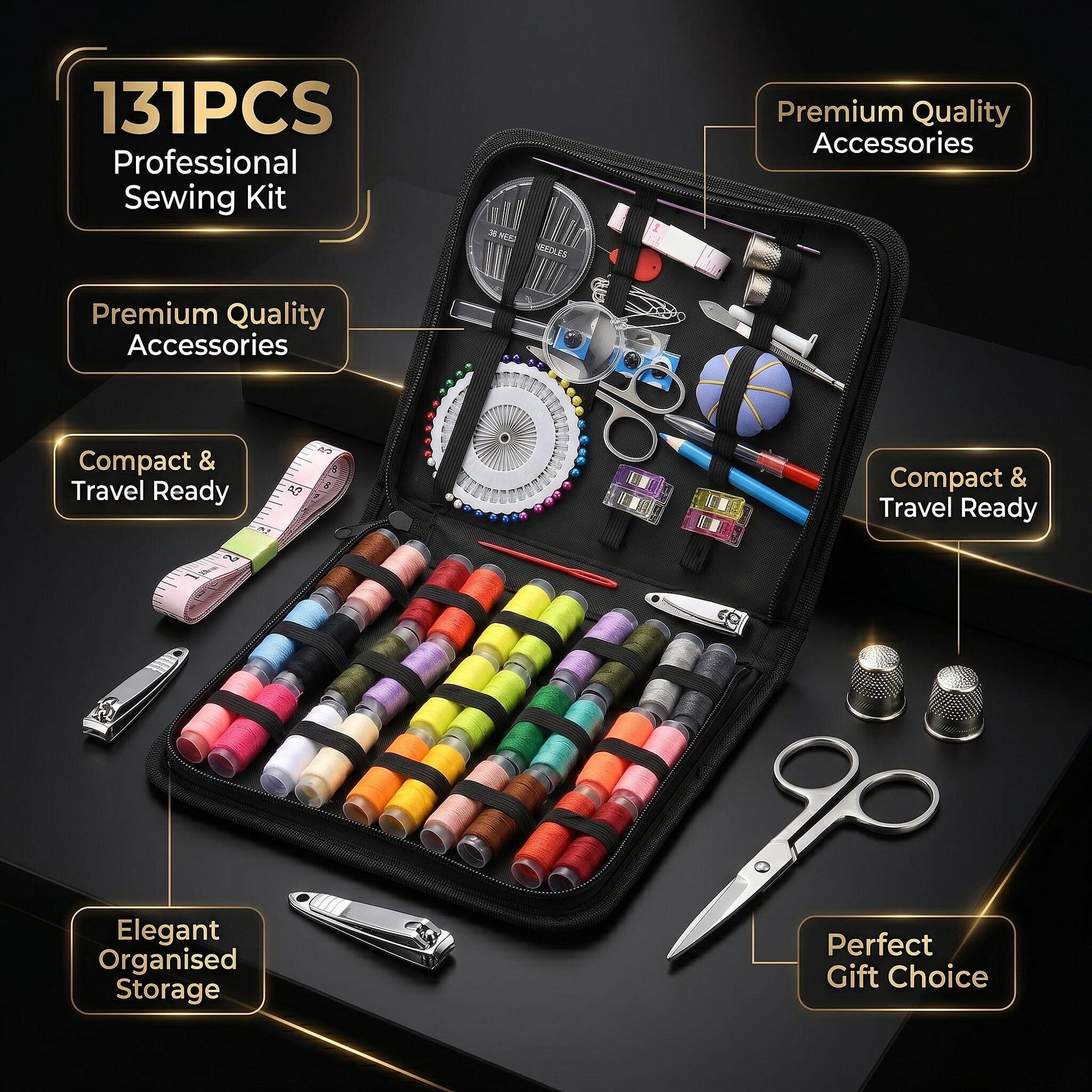 131 Pcs Complete Sewing kit with Case - Includes 30 Colour Threads V32489288 5