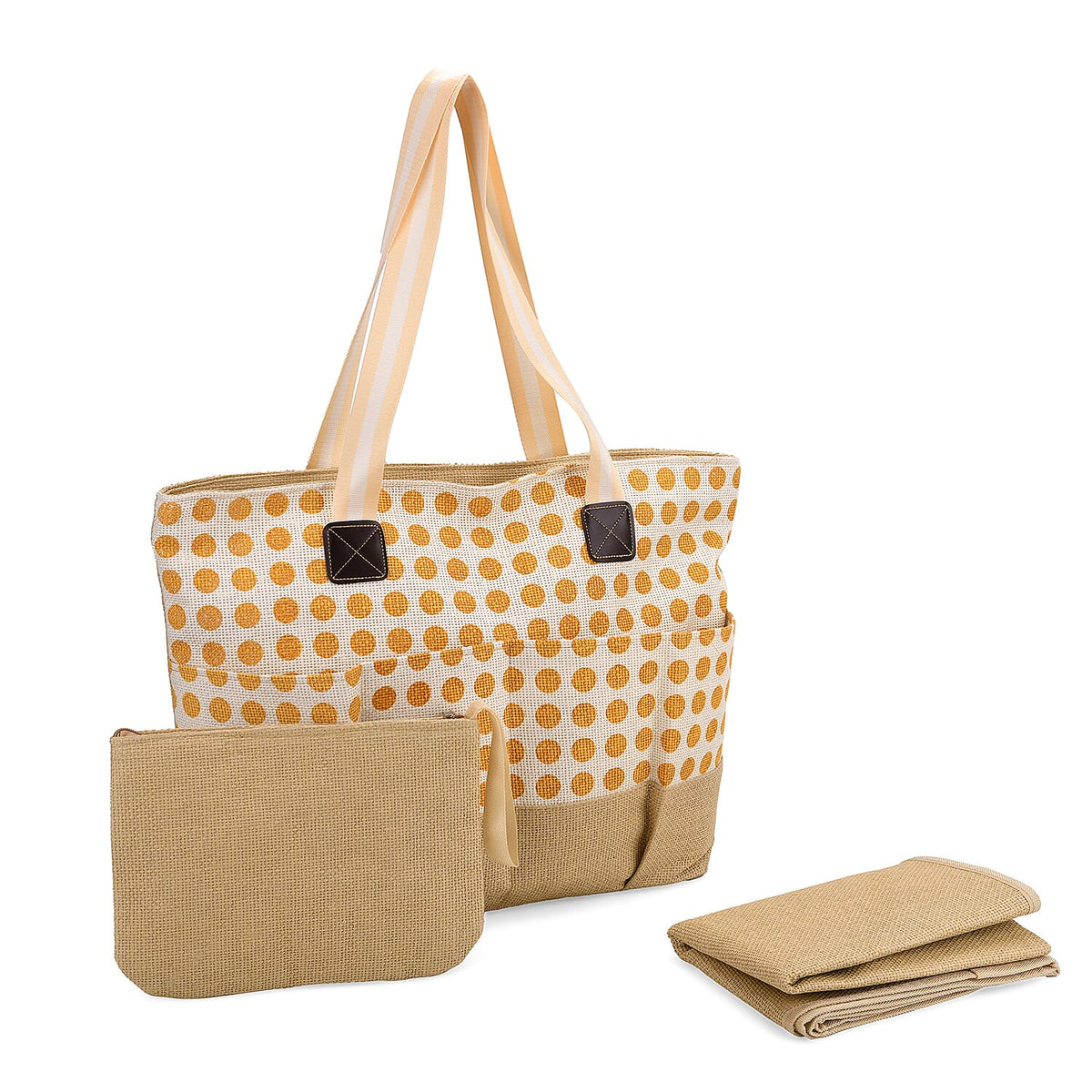 Set of 3: Polka Dot Pattern Tote Bag, Pouch &amp; Picnic Mat - Yellow V32514464 0