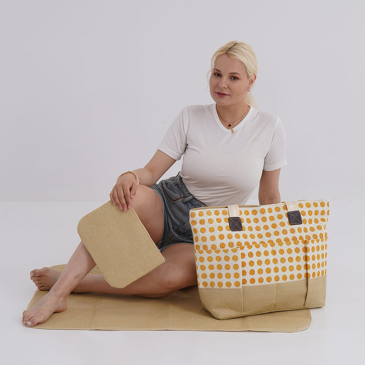 Set of 3: Polka Dot Pattern Tote Bag, Pouch &amp; Picnic Mat - Yellow V32514464 2