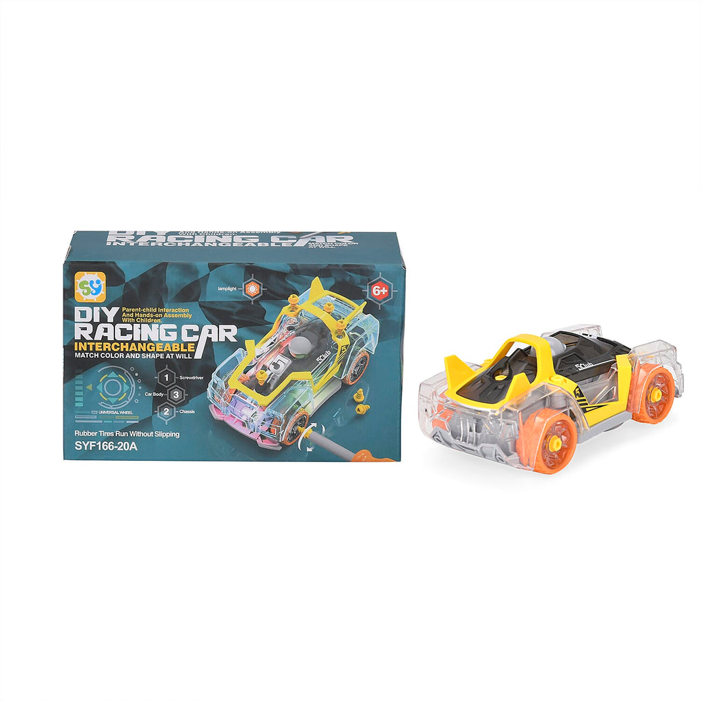 GIFT IDEAS - Racing Car with Color changing lights and Music, Easy To Assemble - (Size-7.0x15.2x6.3cm) - Yellow