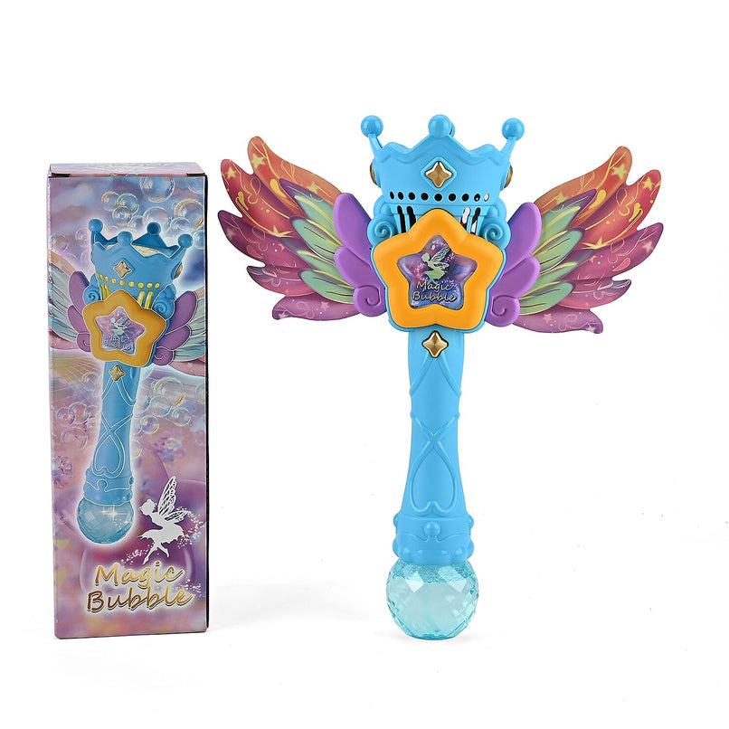 Magic Bubble Wand Toy Kit - Rechargeable Fairy Princess Bubble Machine Includes Li-ion Battery, USB Cable & 80ml Solution - Blue & Multicolor