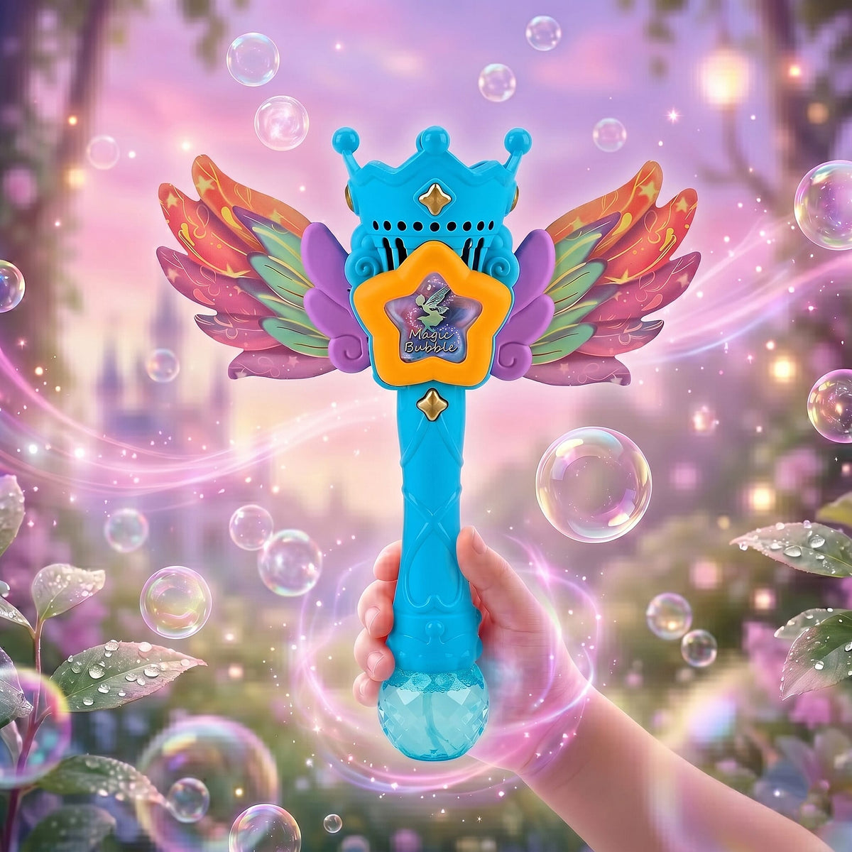 Magic Bubble Wand Toy Kit - Rechargeable Fairy Princess Bubble Machine Includes Li-ion Battery, USB Cable &amp; 80ml Solution - Blue &amp; Multicolor V32521142 2