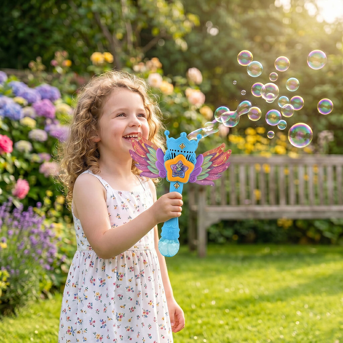 Magic Bubble Wand Toy Kit - Rechargeable Fairy Princess Bubble Machine Includes Li-ion Battery, USB Cable &amp; 80ml Solution - Blue &amp; Multicolor V32521142 3