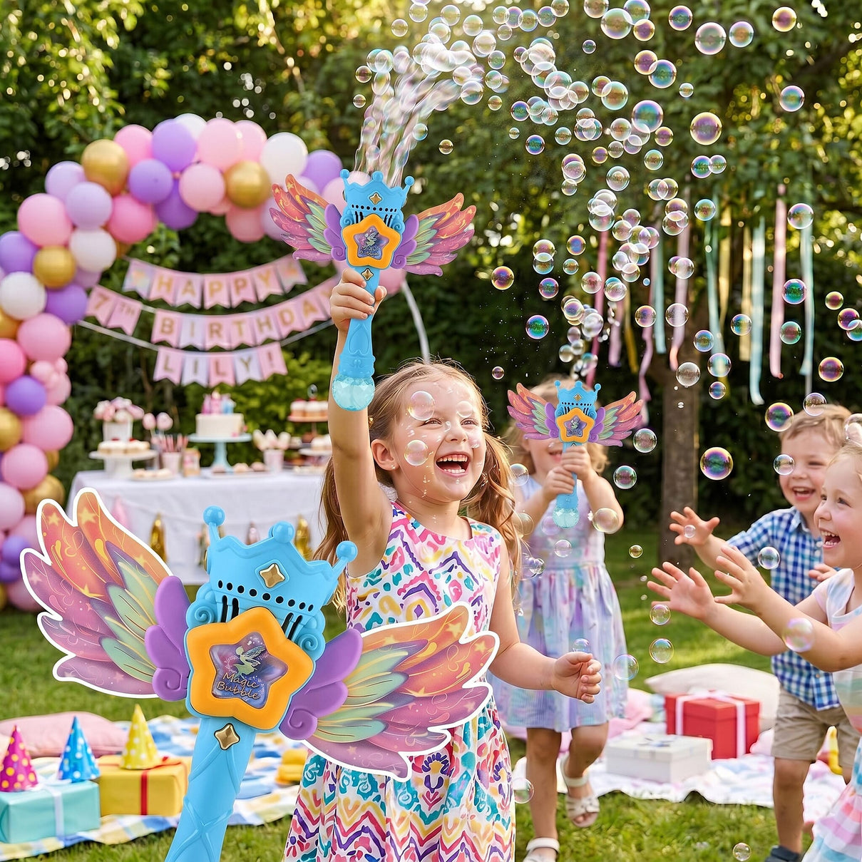 Magic Bubble Wand Toy Kit - Rechargeable Fairy Princess Bubble Machine Includes Li-ion Battery, USB Cable &amp; 80ml Solution - Blue &amp; Multicolor V32521142 4