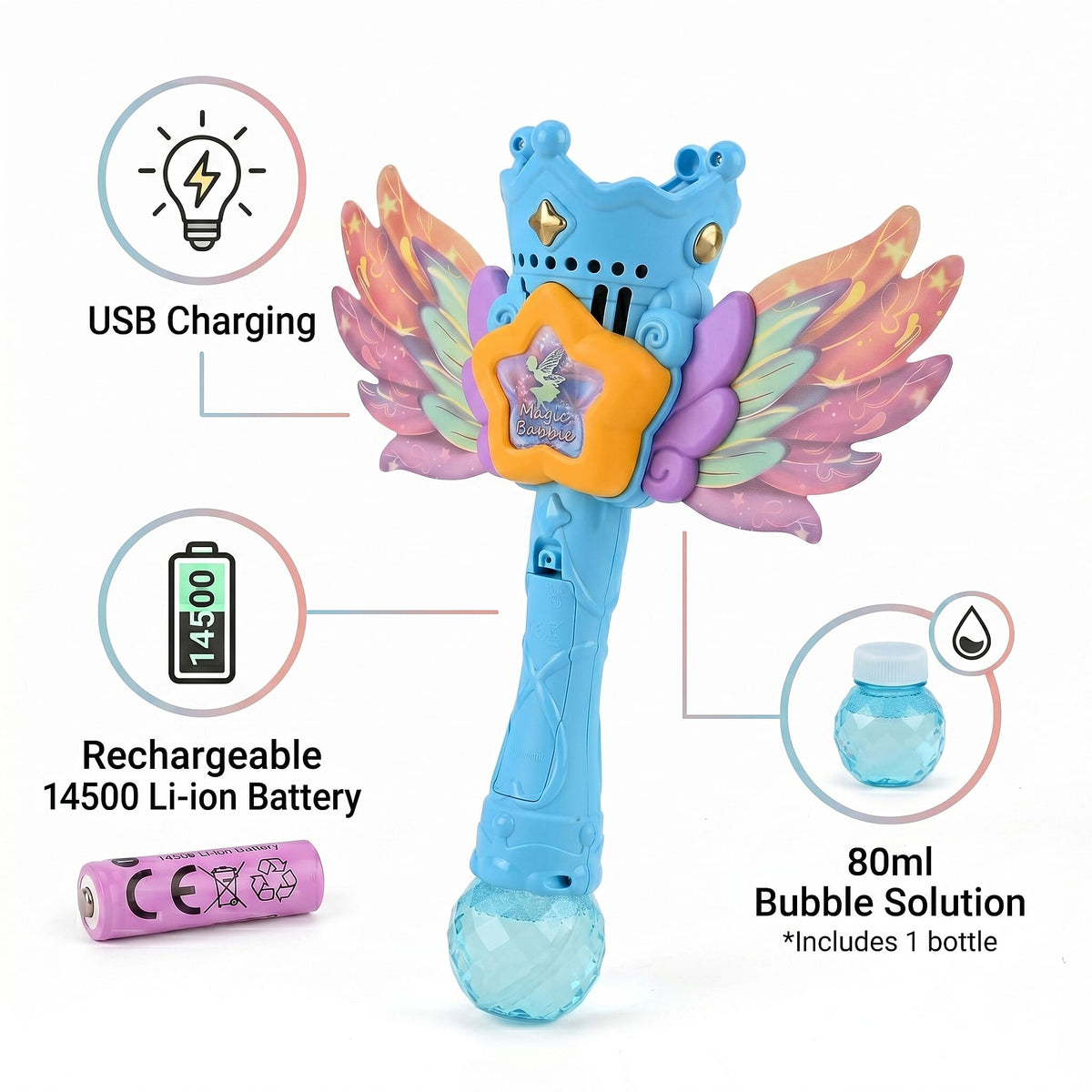 Magic Bubble Wand Toy Kit - Rechargeable Fairy Princess Bubble Machine Includes Li-ion Battery, USB Cable &amp; 80ml Solution - Blue &amp; Multicolor V32521142 5