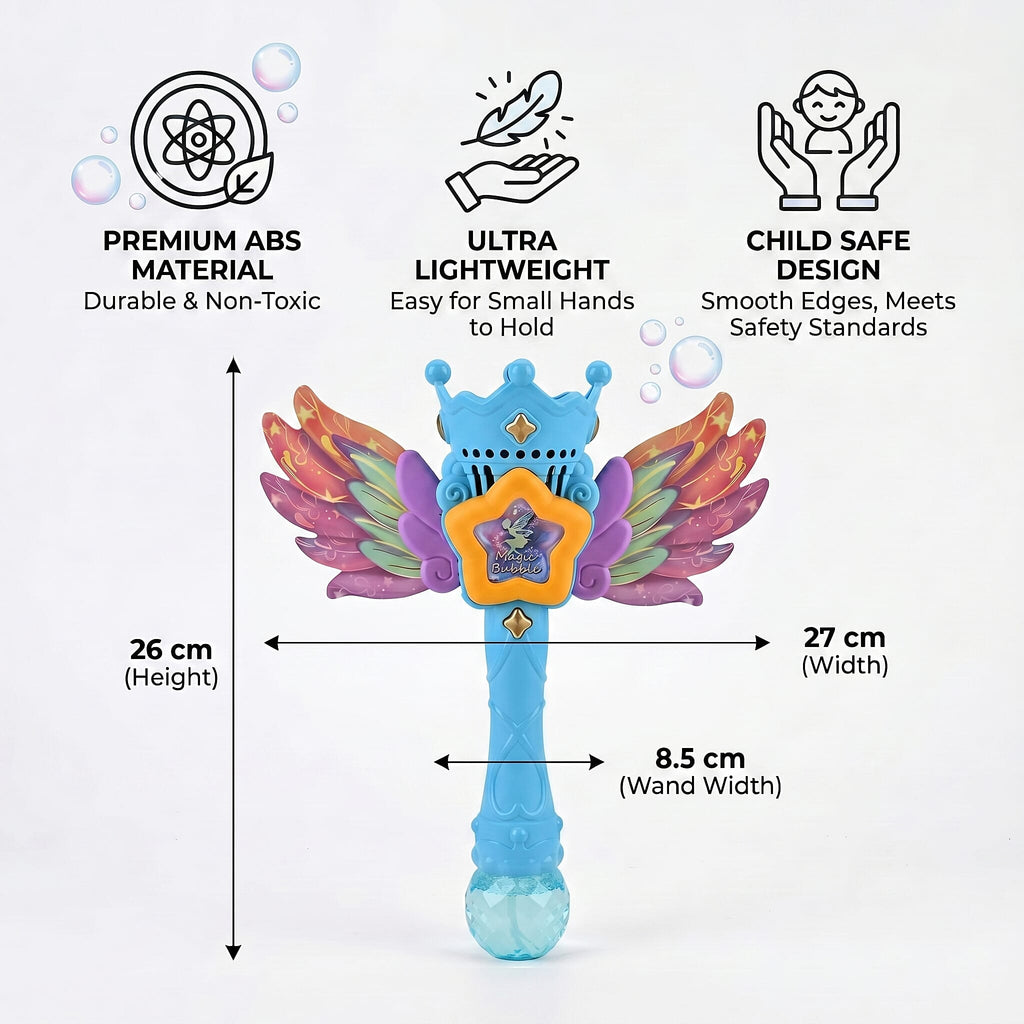 Magic Bubble Wand Toy Kit - Rechargeable Fairy Princess Bubble Machine Includes Li-ion Battery, USB Cable & 80ml Solution - Blue & Multicolor