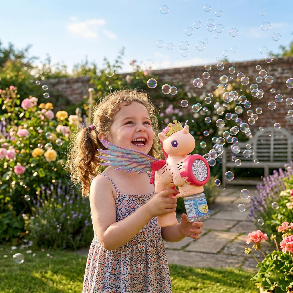 Unicorn Bubble Blaster Powered By 4xAA Battery (Not Incl.)  and 90mL Bubble Fluid - Pink & Peach