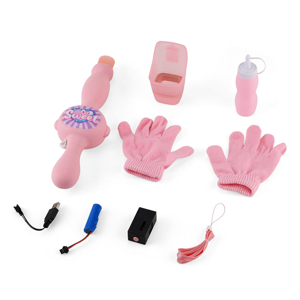 Kids' Elastic Bubble Smoke Bomb Toy Wand - Rechargeable Battery (1x Included)  70ml Solution, Measuring Cup, 2x Fabric Gloves, Dissolving Mist, Hanging Rope - Pink