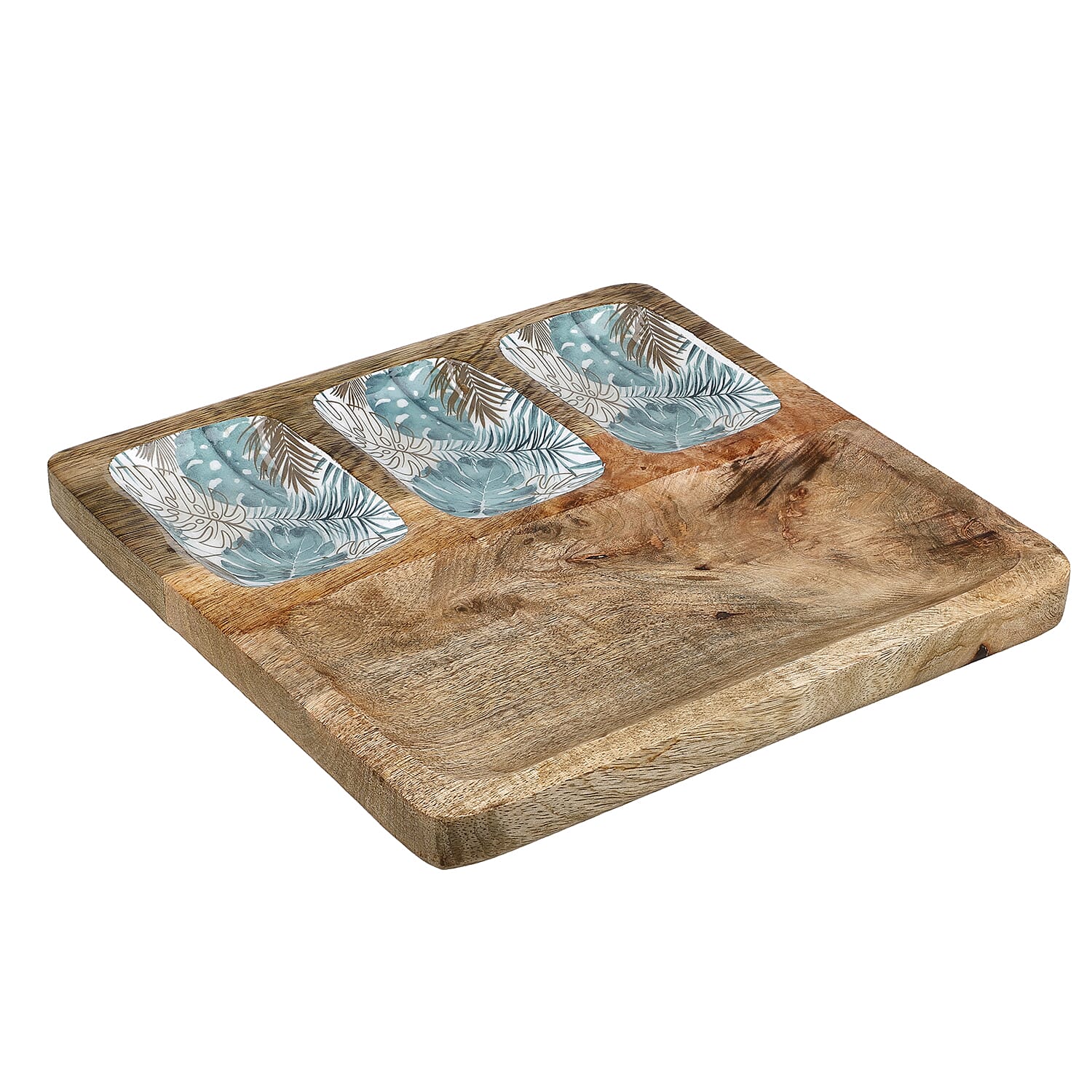 3 Section Mango Wood Snack Platter with Dip Bowls 7804709 0