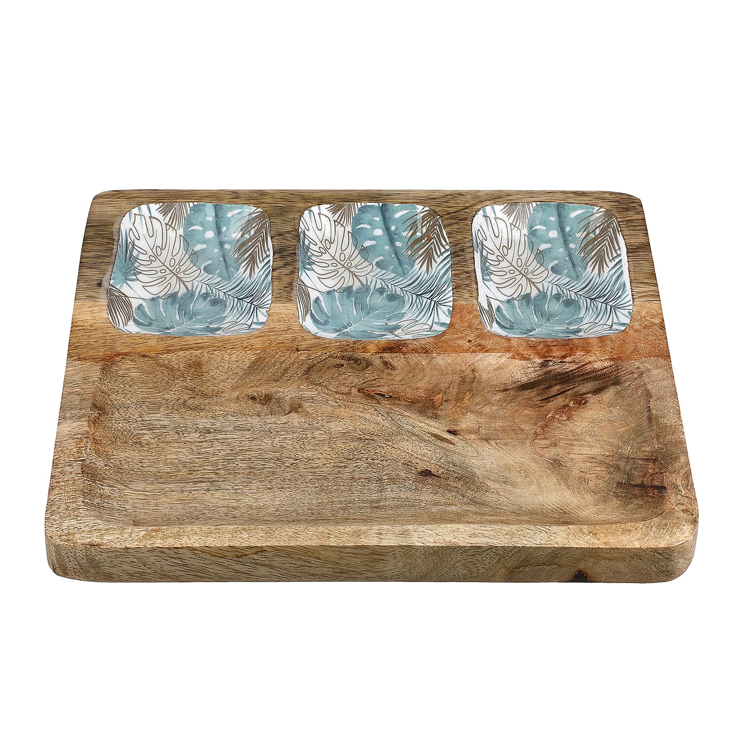3 Section Mango Wood Snack Platter with Dip Bowls 7804709 2