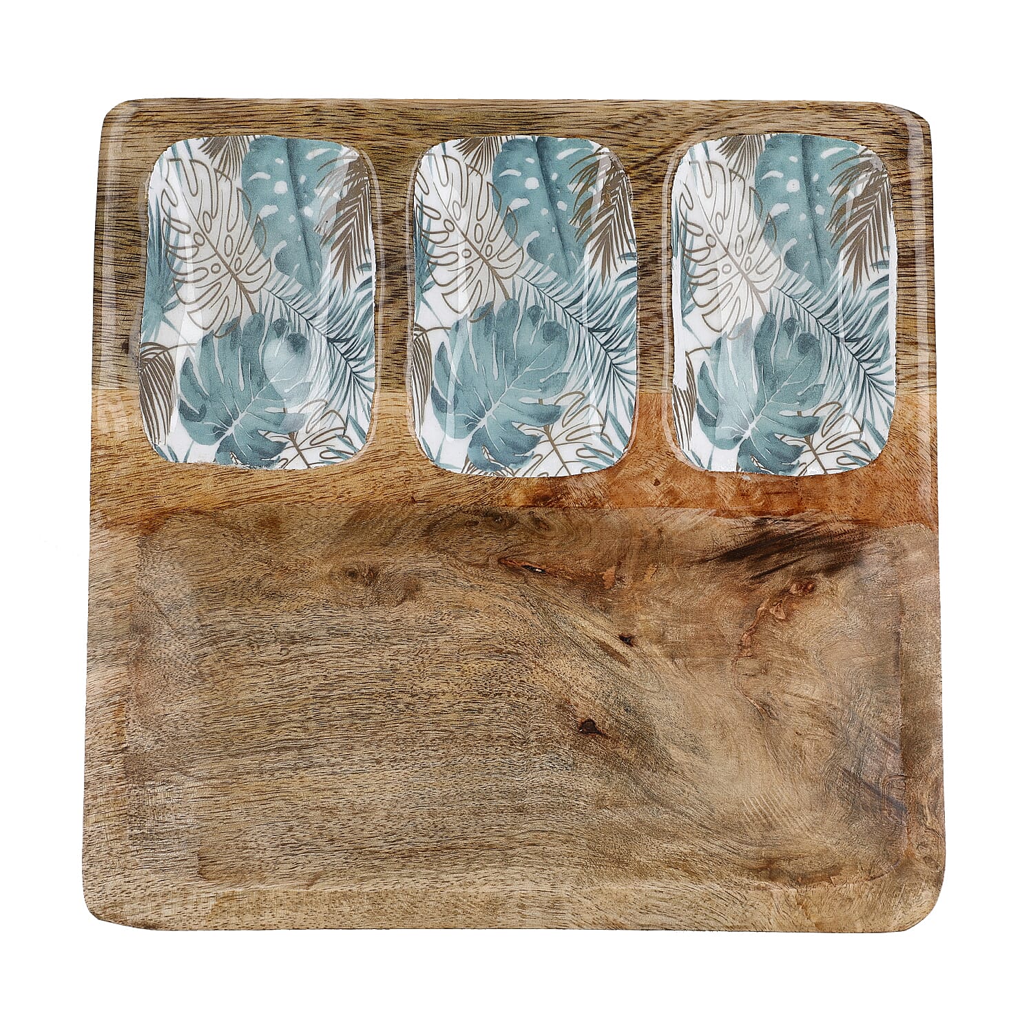 3 Section Mango Wood Snack Platter with Dip Bowls 7804709 3