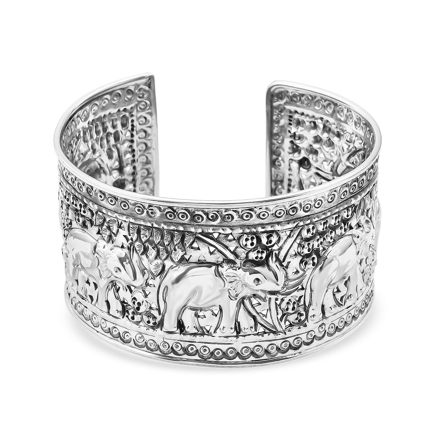 Treasure of Siam - Sterling Silver Elephant Cuff Bangle (Size 7.5), Silver Wt. 41.80 Gms. 8296230 0