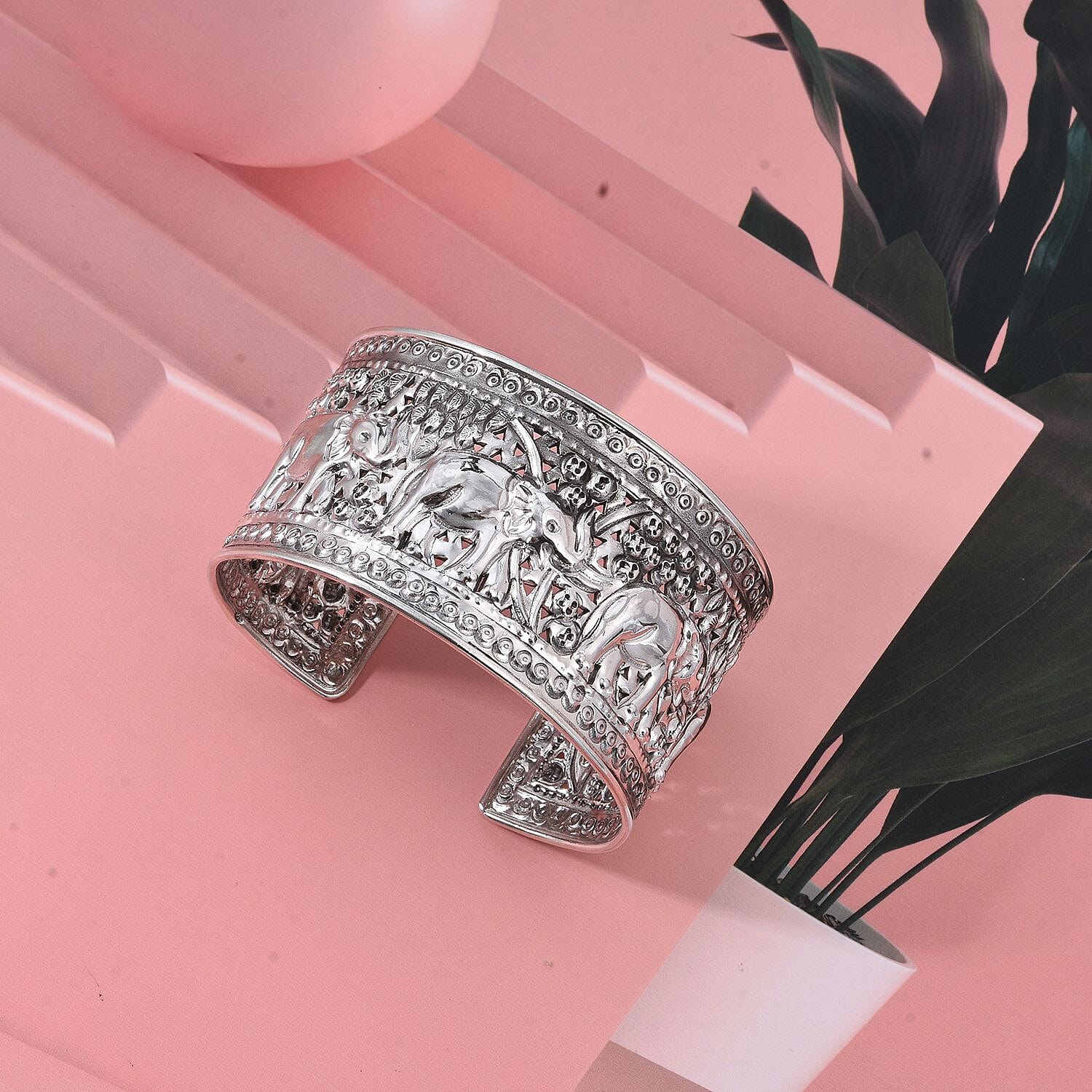 Treasure of Siam - Sterling Silver Elephant Cuff Bangle (Size 7.5), Silver Wt. 41.80 Gms. 8296230 1