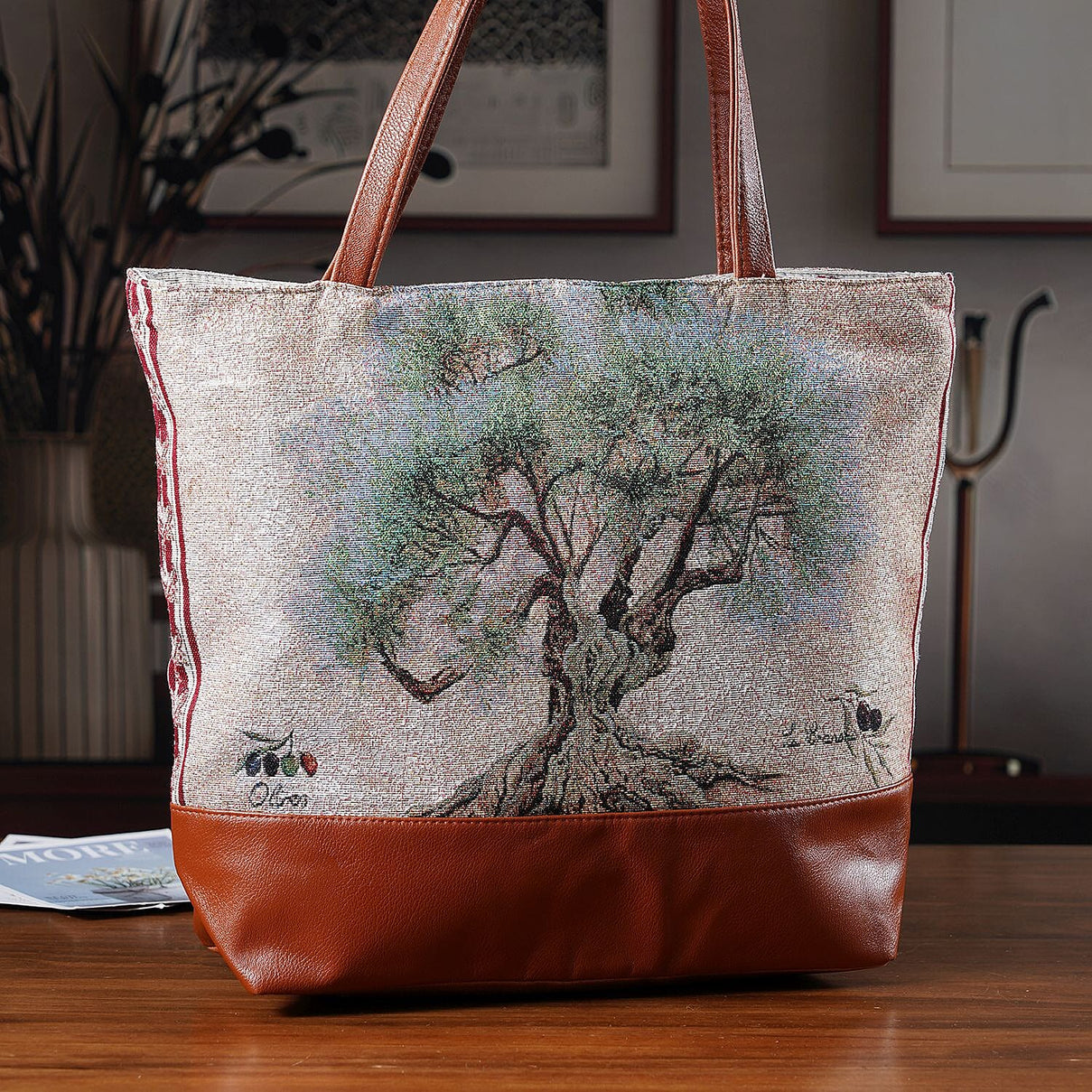 Tree Print Jacquard Tote Bag - Green 8194401 2