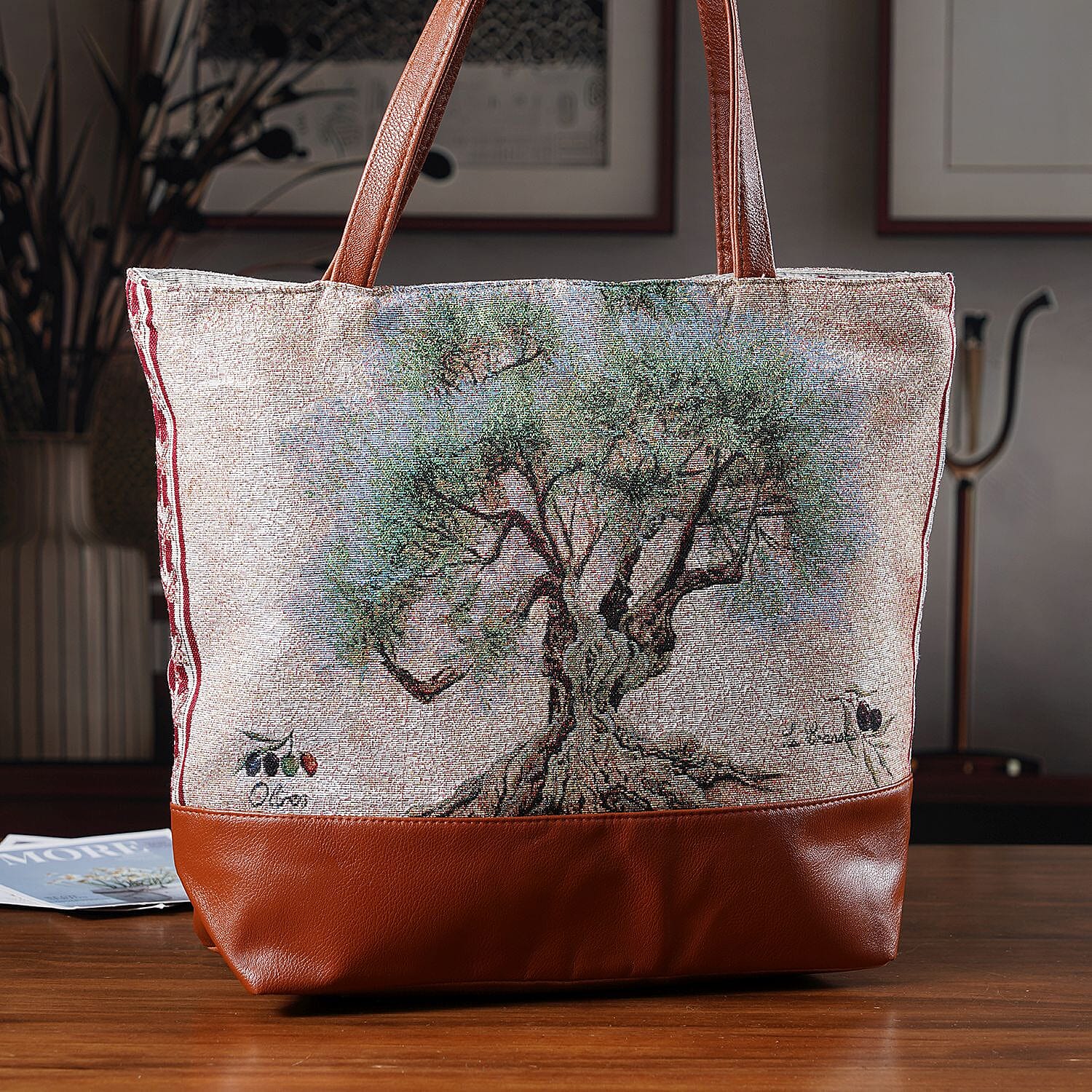 Tree Print Jacquard Tote Bag - Green 8194401 2