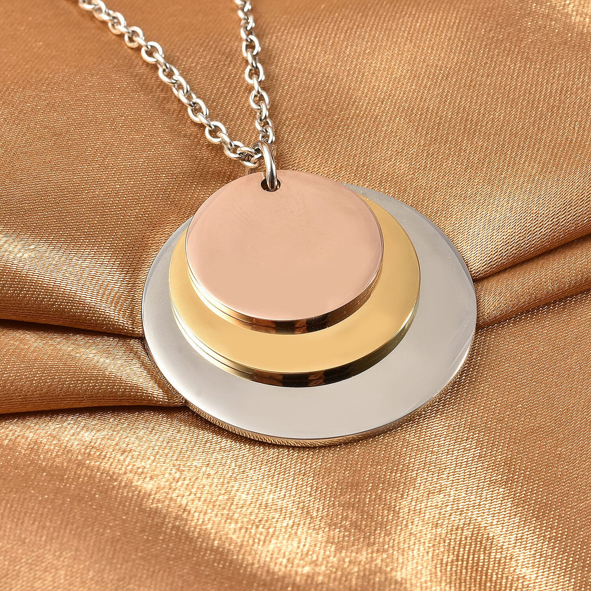 Triple Tone Round Charm Pendant with Chain in Silver Tone 4045882 1
