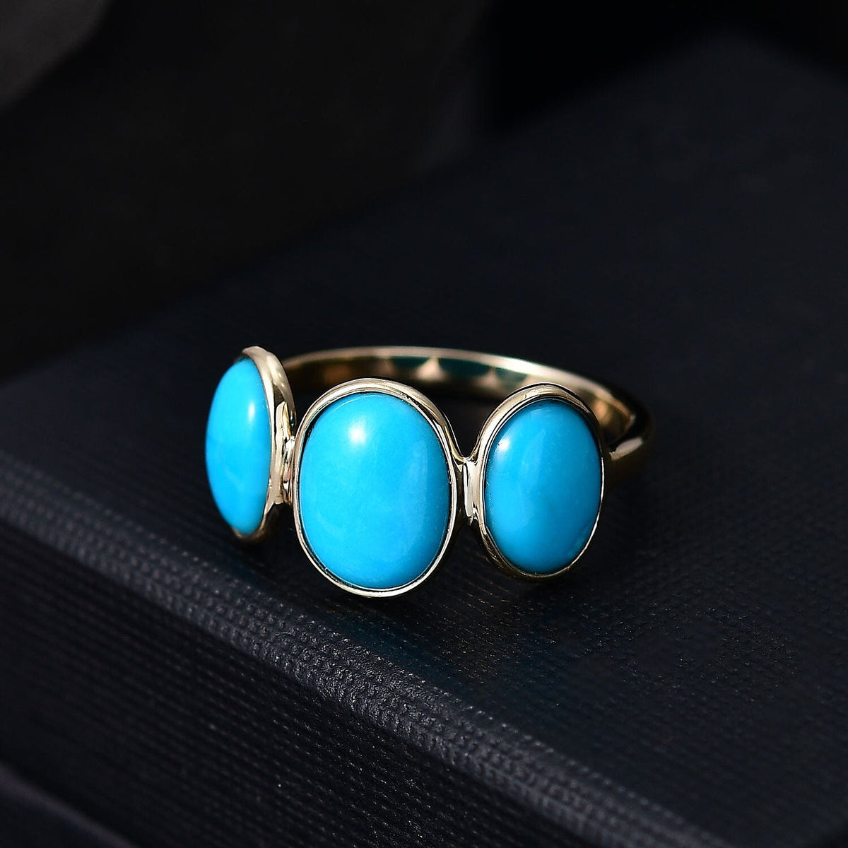 Tucson Find - 9K Yellow Gold AAA Arizona Sleeping Beauty Turquoise Trilogy Ring 4.10 Ct. 8042435 1