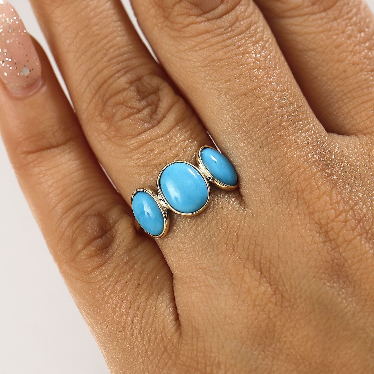 Tucson Find - 9K Yellow Gold AAA Arizona Sleeping Beauty Turquoise Trilogy Ring 4.10 Ct. 8042441 3