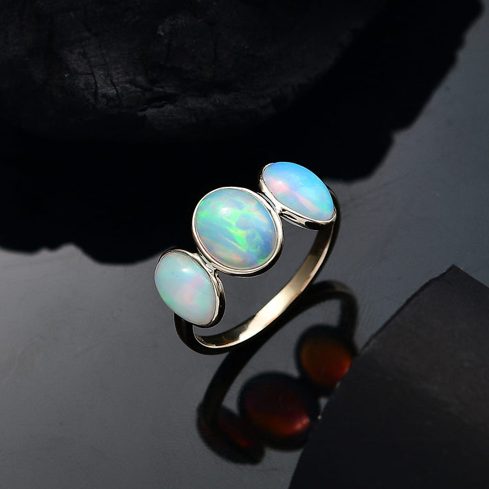 Tucson Find - 9K Yellow Gold AAA Arizona Sleeping Beauty Turquoise Trilogy Ring 4.10 Ct. 8042441 2