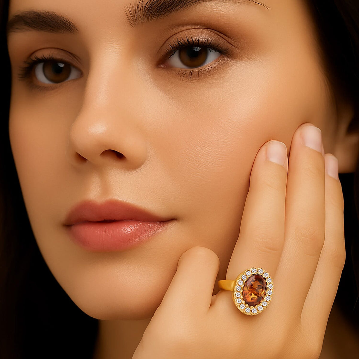 Tucson Find - Amber Halo Adjustable Ring in Gold Plated Sterling Silver 6.38 Ct. 8219712 1