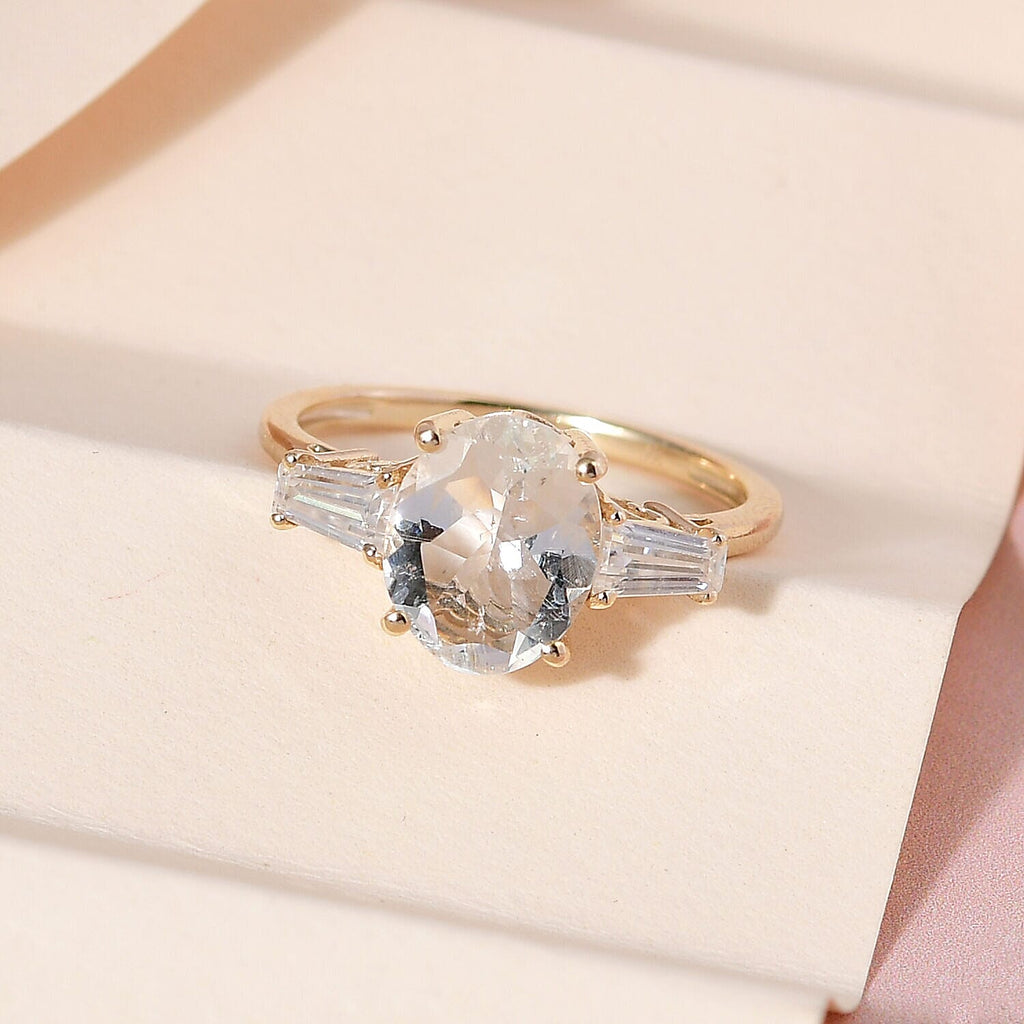 9K Yellow Gold Natural Hyalite Opal and Moissanite Ring 2.36 Ct