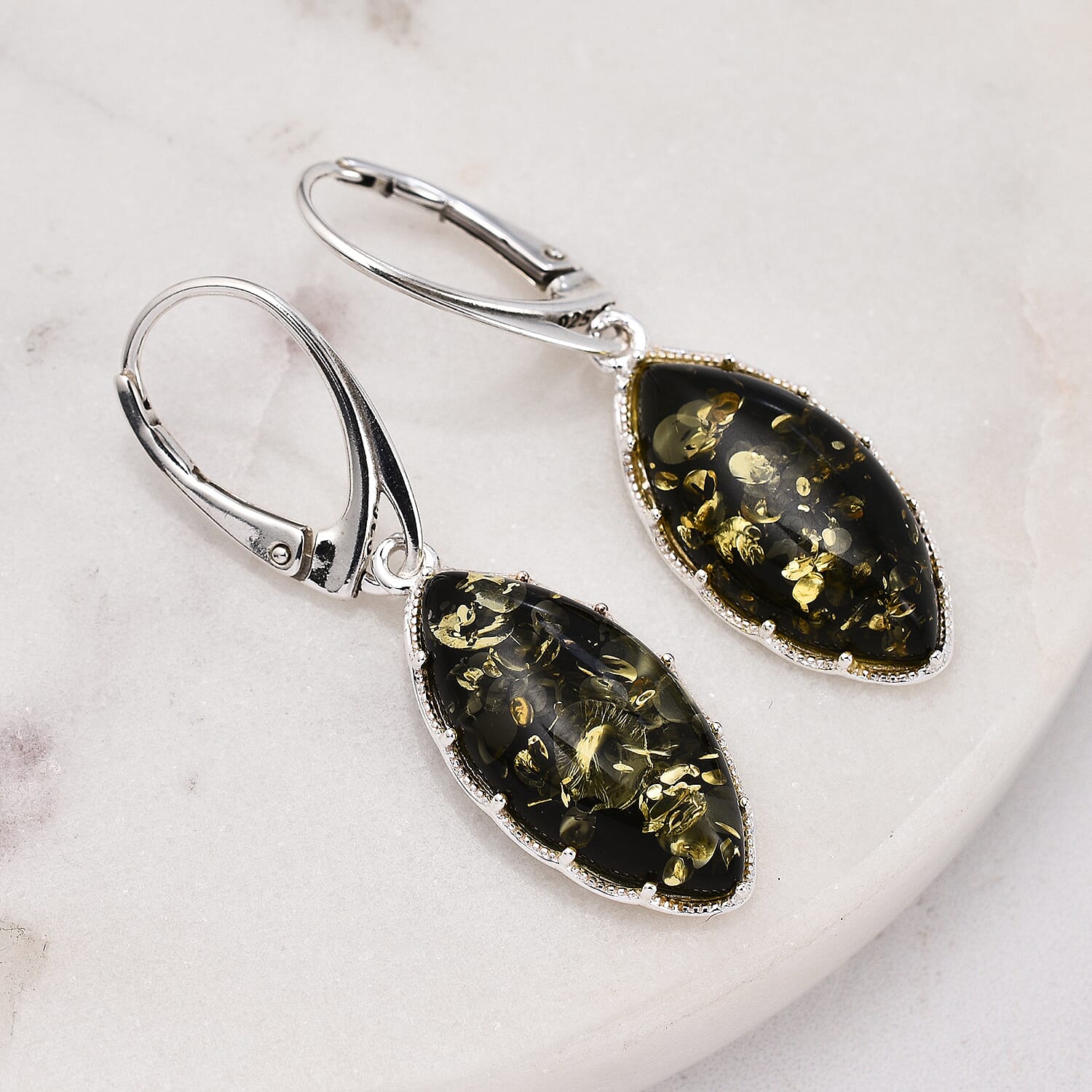 Tucson Special - Green Amber Lever Back Earrings in Sterling Silver 7533604 1
