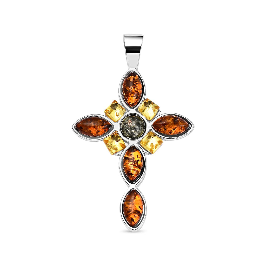 Tucson Special - Multi Colour Amber Cross Pendant in Sterling Silver