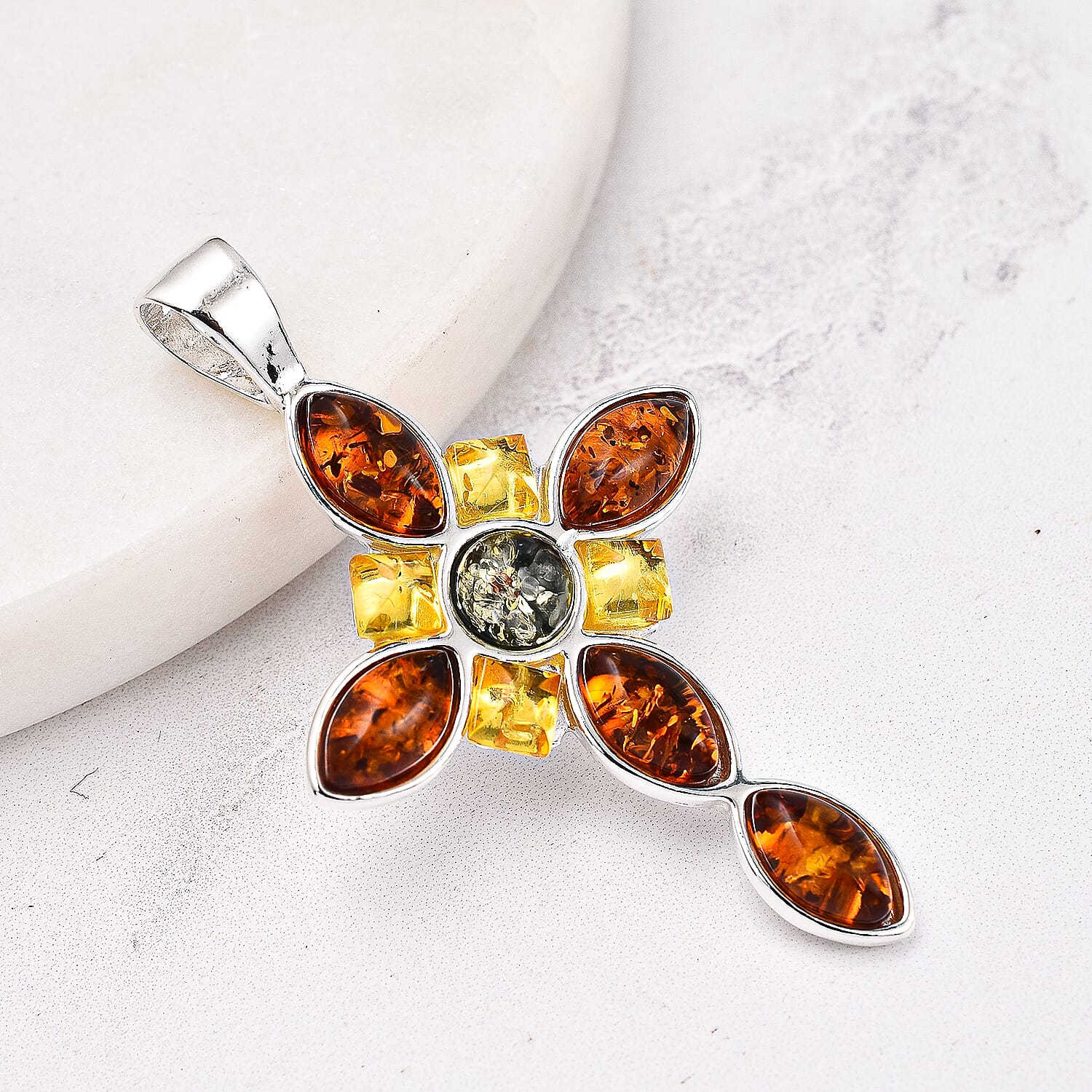 Tucson Special - Multi Colour Amber Cross Pendant in Sterling Silver 7533383 2