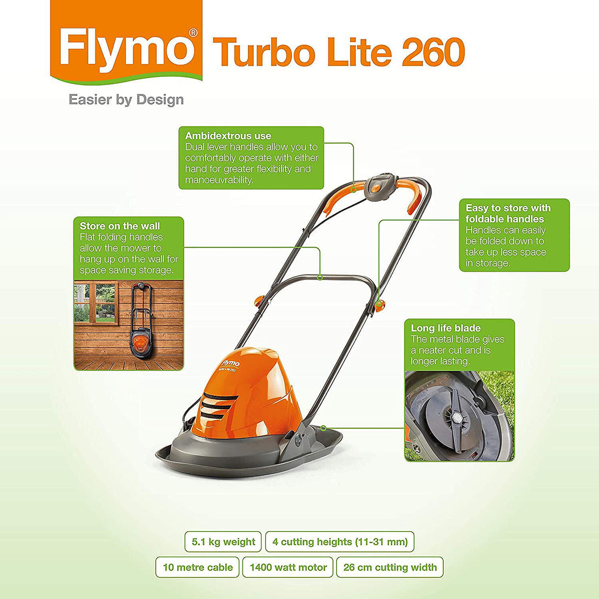 FlymoTurbo Lite 260 Lawn Mower with 10m Cable - 1400W Electric - Cutting Width 26cm 7426281 5