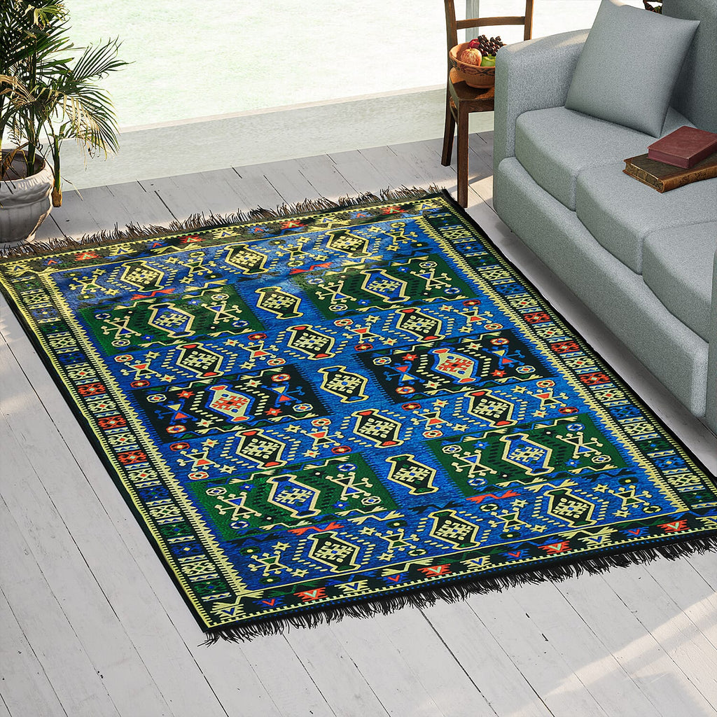 Authentic Turkish Traditional Kilim Reversible Rug (Size 170x120 cm) - Blue & Black