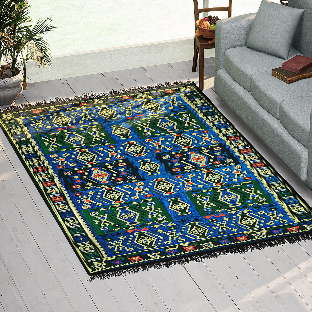 Authentic Turkish Traditional Kilim Reversible Rug (Size 170x120 cm) - Blue &amp; Black 7279019 0