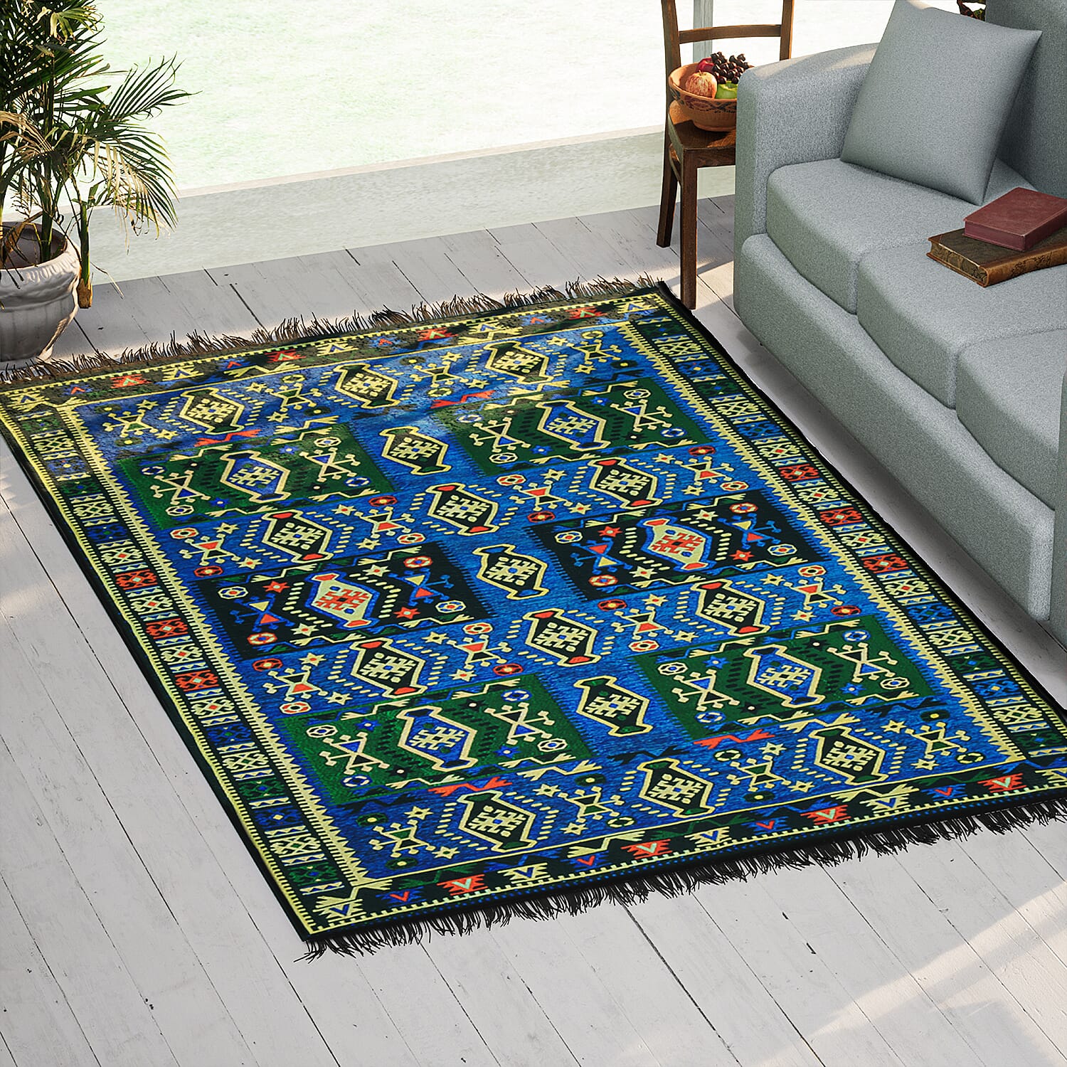 Authentic Turkish Traditional Kilim Reversible Rug (Size 170x120 cm) - Blue &amp; Black 7279019 0