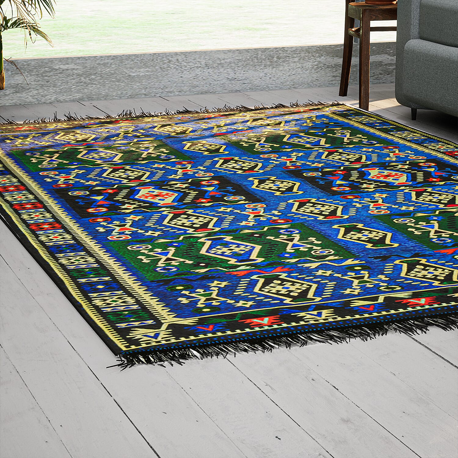 Authentic Turkish Traditional Kilim Reversible Rug (Size 170x120 cm) - Blue &amp; Black 7279019 2