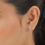Diamond Turtle Stud Earrings (with Push Back) in Platinum and Yellow Gold Overlay Sterling Silver