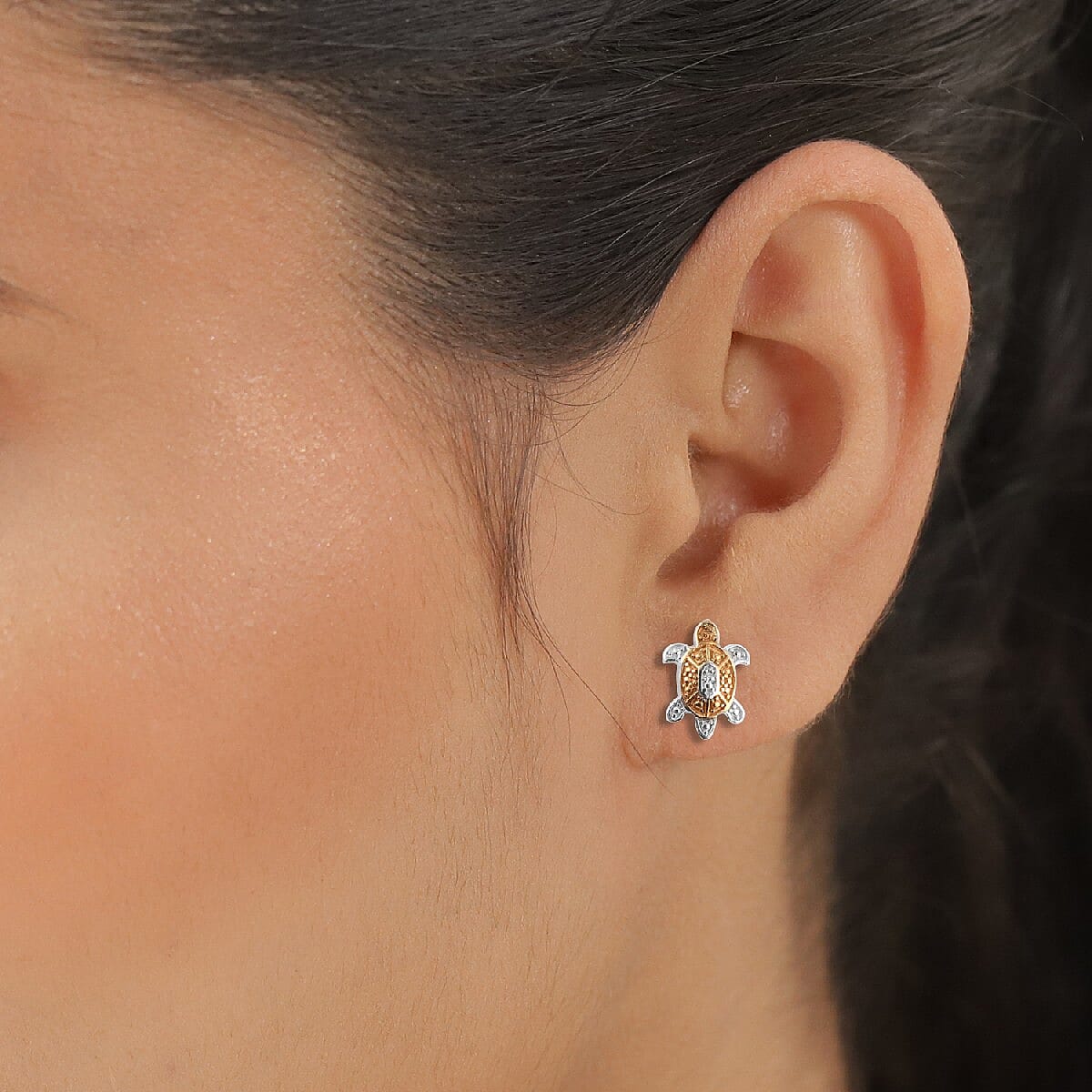 Turtle Inspired Diamond Stud Earrings in Platinum and Gold Plated Sterling Silver 3798603 3