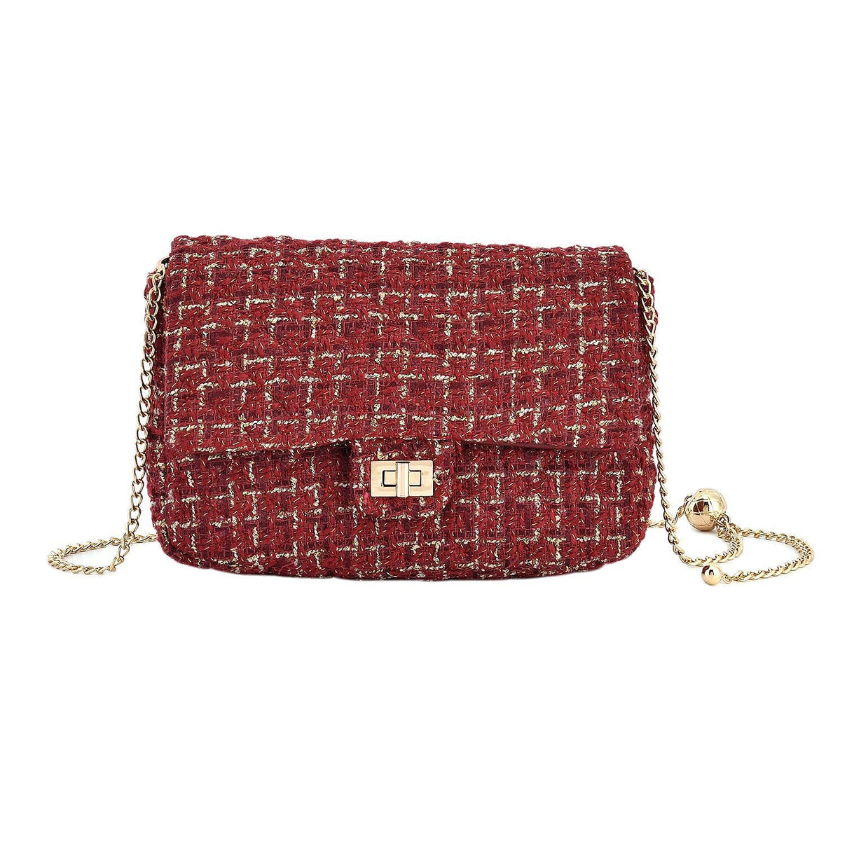 Designer Inspired - Tweed Shoulder Bag with Adjustable Shoulder Metal Chain - Burgundy 7192428 0