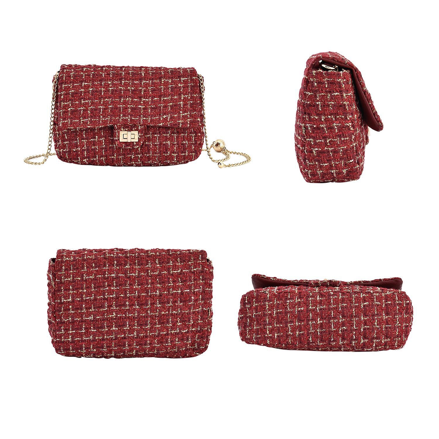 Designer Inspired - Tweed Shoulder Bag with Adjustable Shoulder Metal Chain - Burgundy 7192428 4