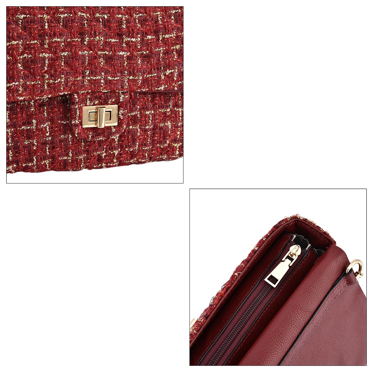 Designer Inspired - Tweed Shoulder Bag with Adjustable Shoulder Metal Chain - Burgundy 7192428 5