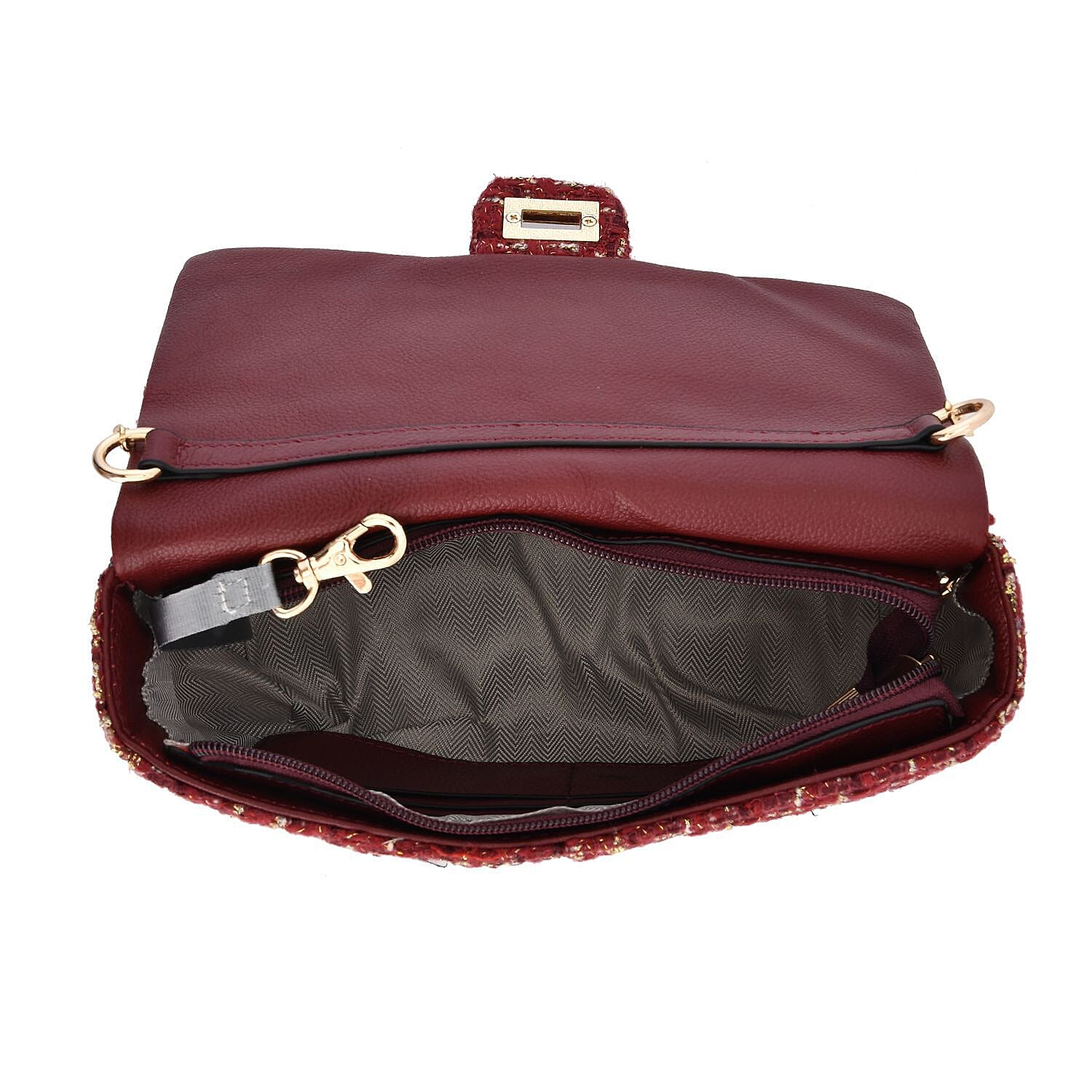 Designer Inspired - Tweed Shoulder Bag with Adjustable Shoulder Metal Chain - Burgundy 7192428 6
